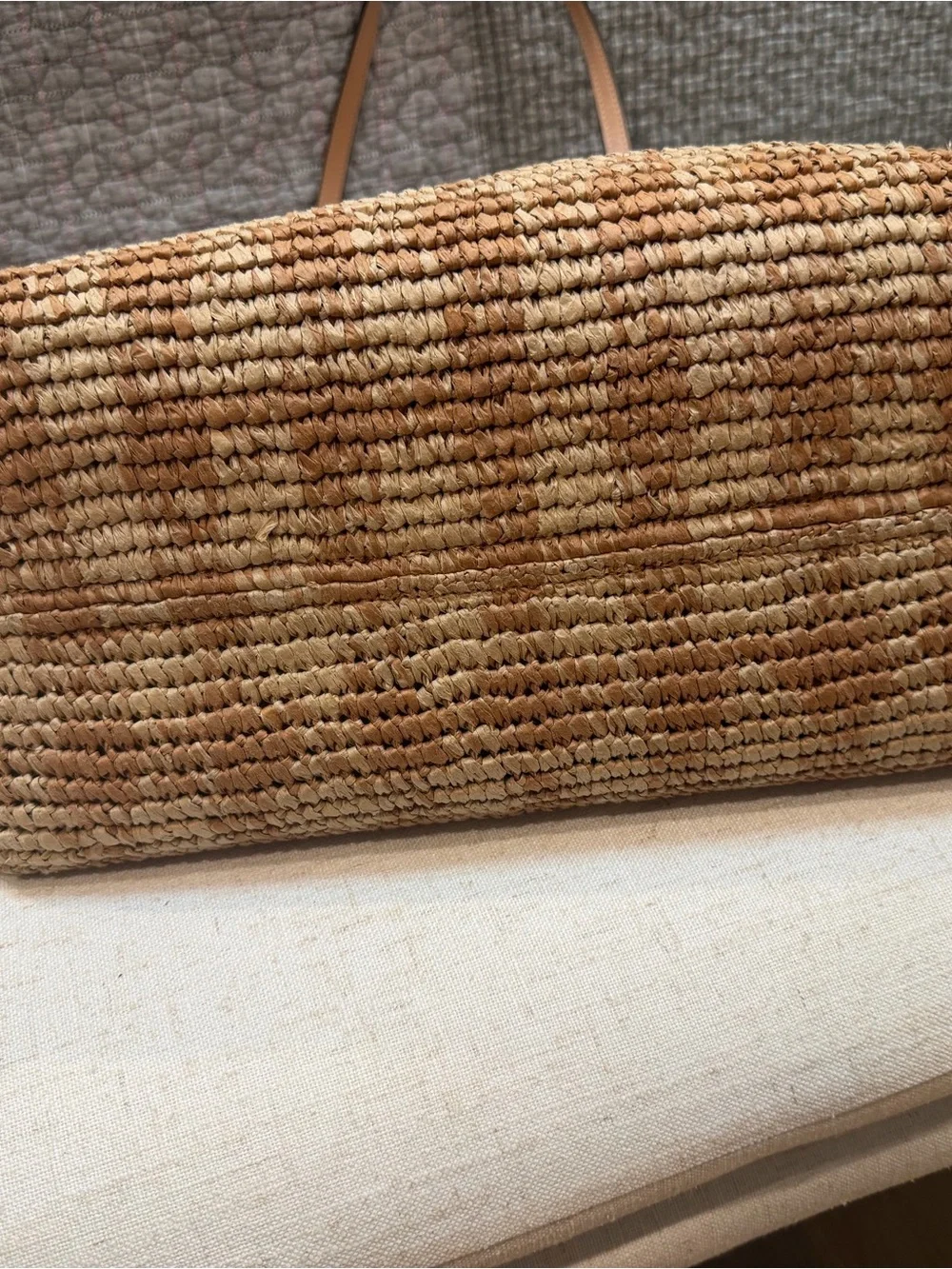 Coach Straw Woven Tote Brown & Tan w/ Leather Double Handles Snap, Lined, Charm